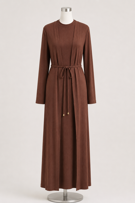ZARA RIBBED ABAYA SET (BROWN)