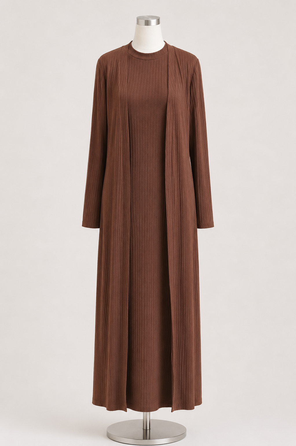 ZARA RIBBED ABAYA SET (BROWN)